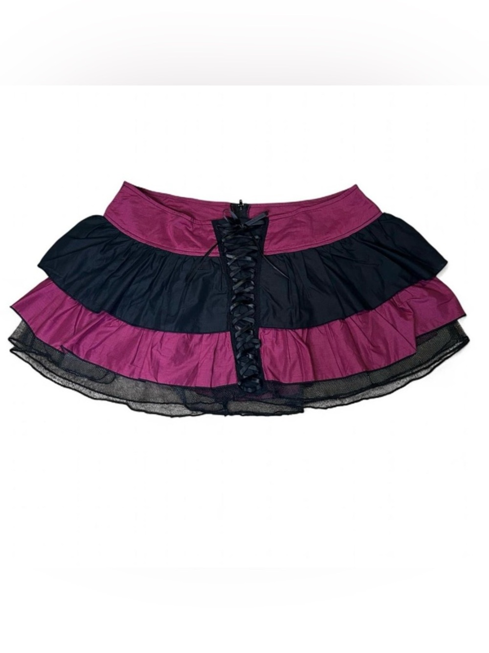 90’s Serious LA Tiered Ruffle Mini Skirt in Magenta and Black